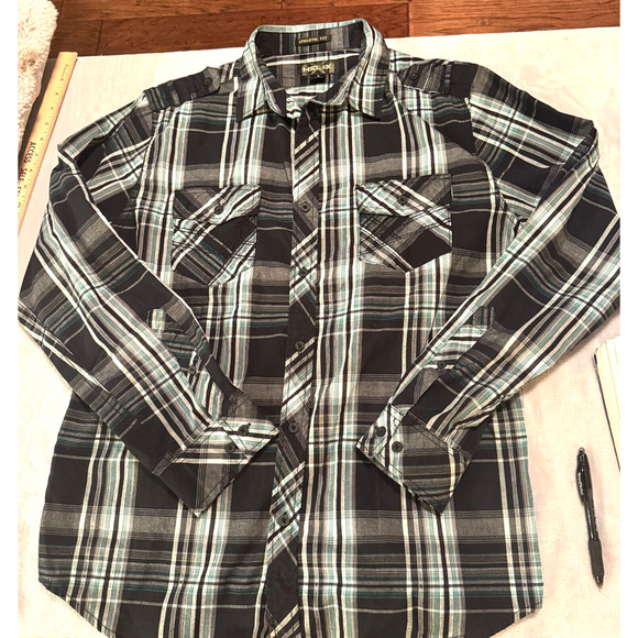 Helix Plaid Button Up Shirt Mens size L Western Athletic Fit Black long Sleeve - Picture 1 of 8